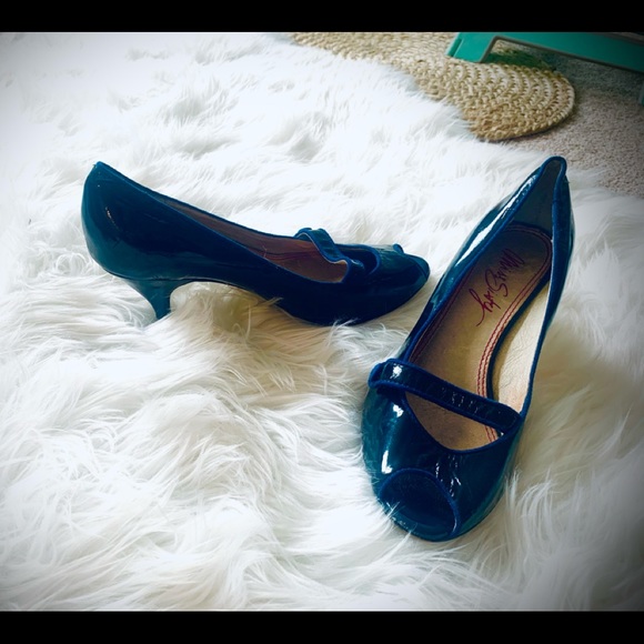 Navy Patent Leather Peep Toe Miss Sixty Heels - Picture 1 of 3